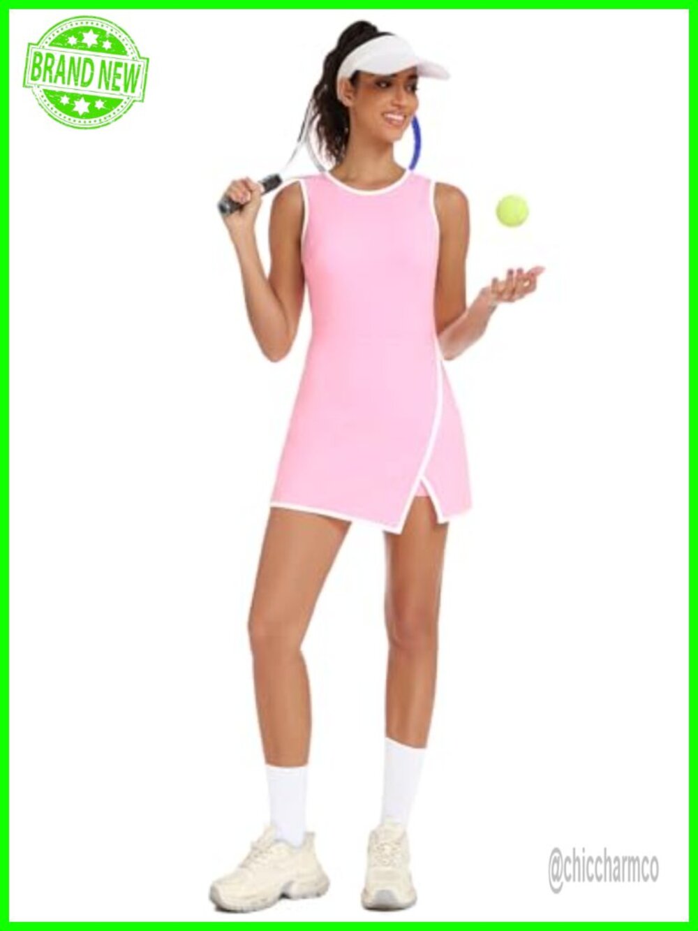 Tennis Dress with Built-in Shorts and Bra Crew Neck Sleeveless Athletic Side - Picture 4 of 4